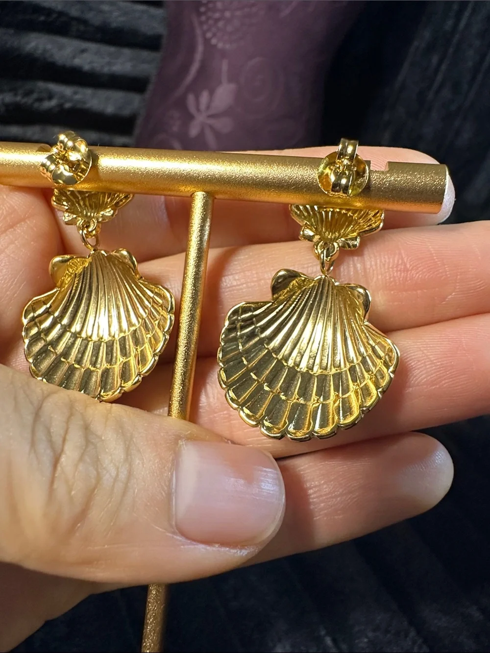 Kenneth Jay Lane Gold Shell Double-Drop Earrings - Picture 5 of 8